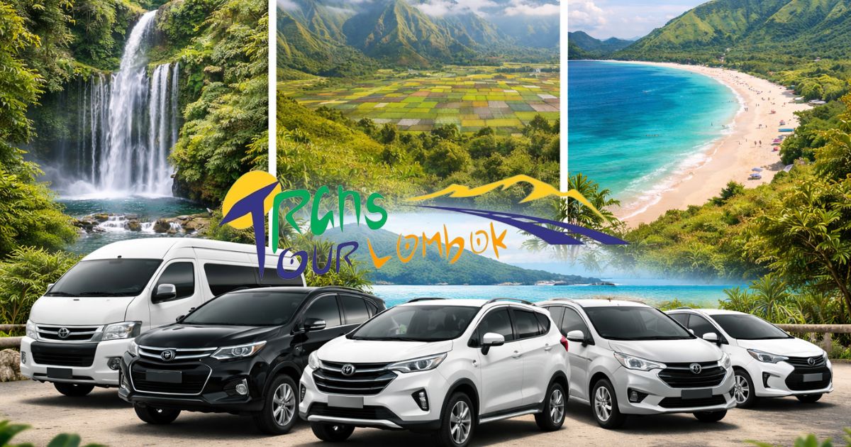 Sewa mobil Lombok dengan berbagai pilihan kendaraan berlatar pantai dan air terjun Lombok