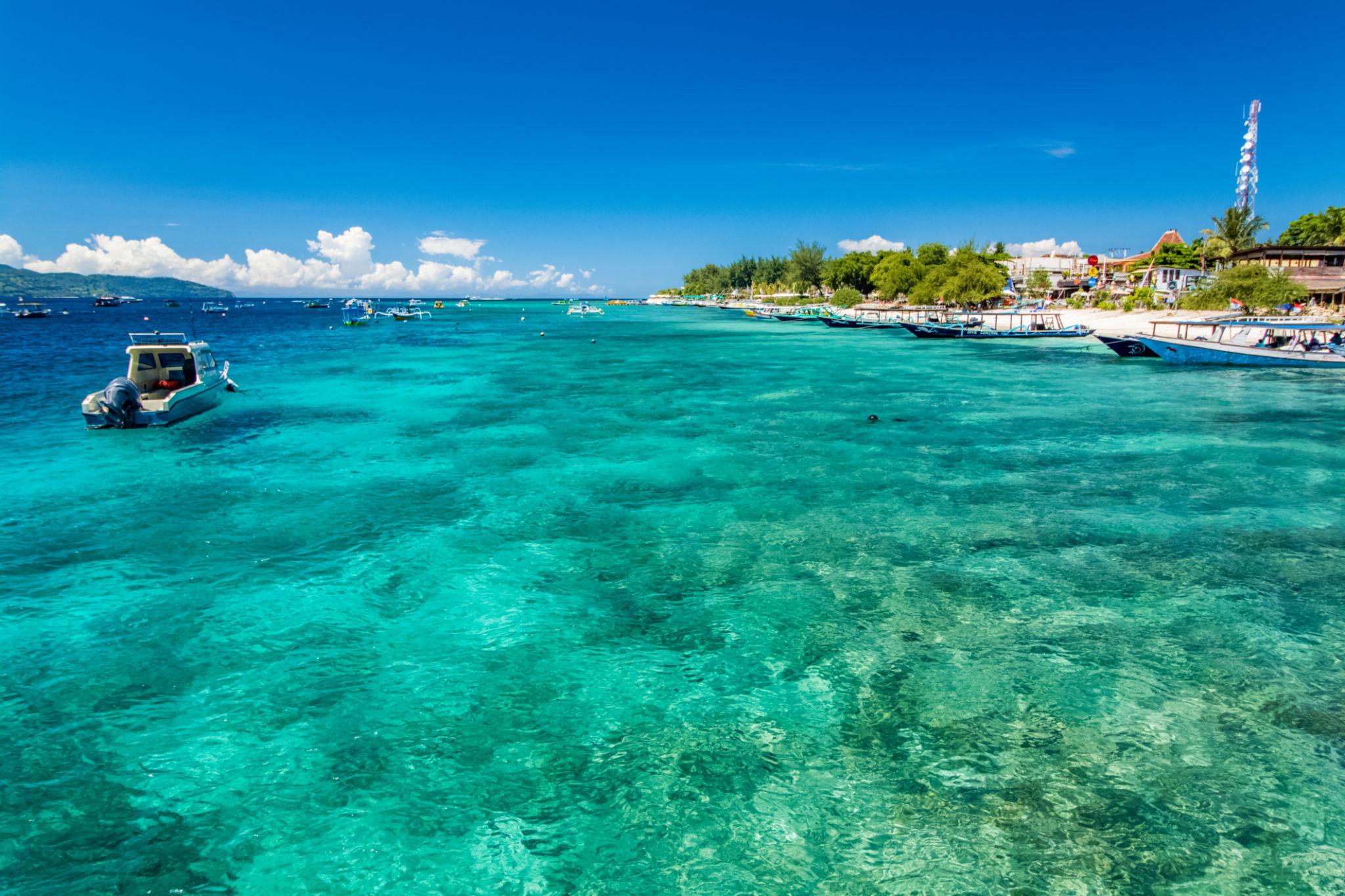 Wisatawan snorkeling di Gili Trawangan dengan terumbu karang dan ikan tropis